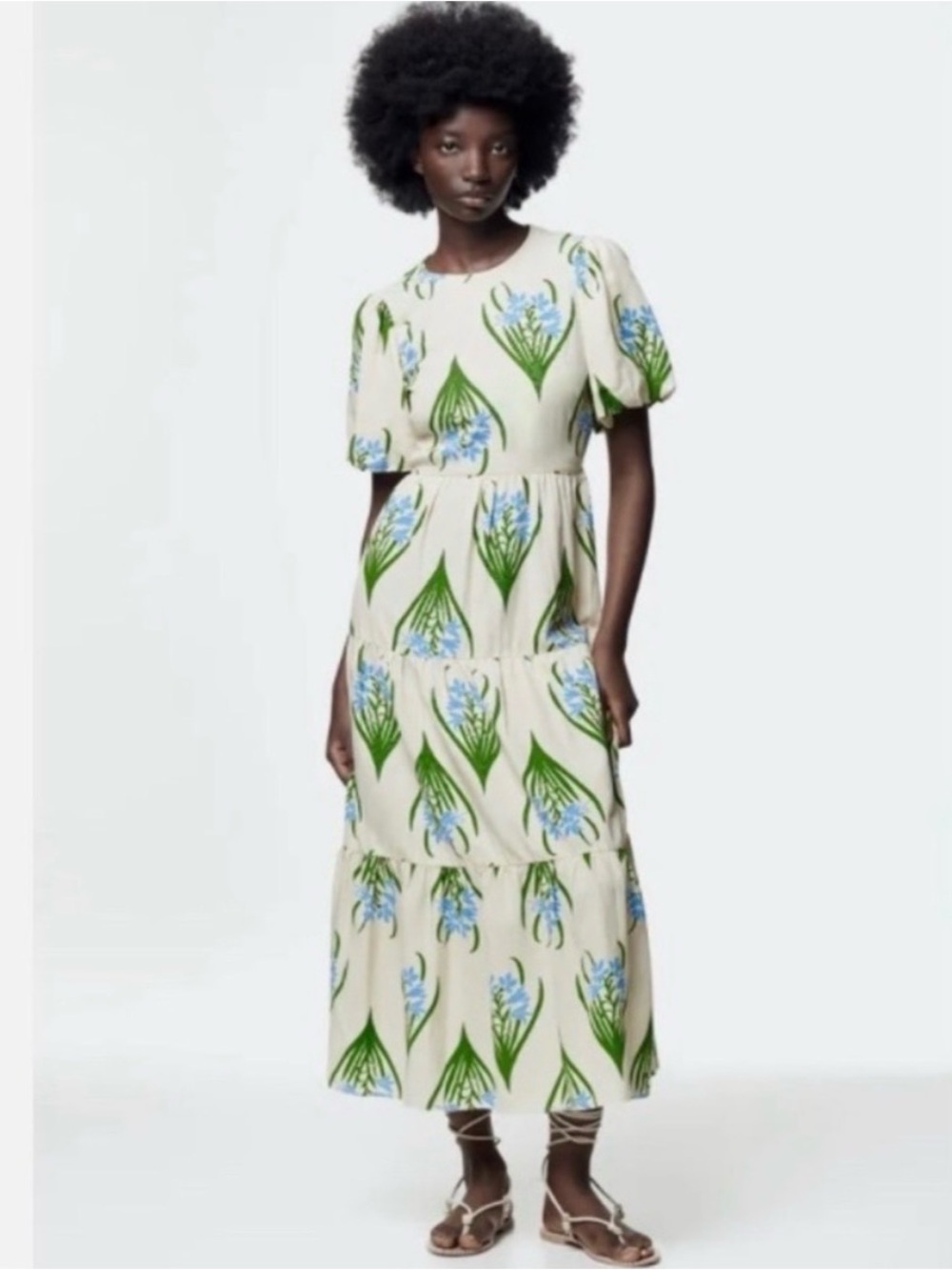 Zara “Sofia” Cream Maxi Dress with Blue and Green Floral Print